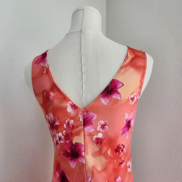 Y2K Orange Pink Floral Ring Front Sleeveless Mini Dress Vintage Tropical XS - Picture 6 of 8